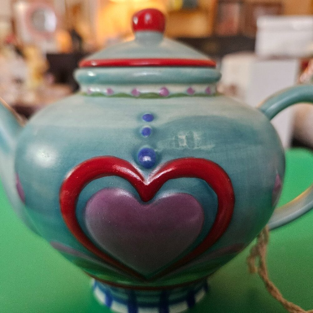 Enesco Jim Shore blue heart ceramic candle teapot